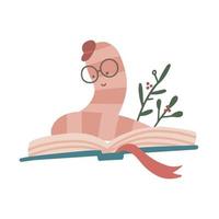 o leitor de livros focado senta-se em um livro aberto e lê com cuidado. ilustração vetorial desenhada de mão plana. vetor