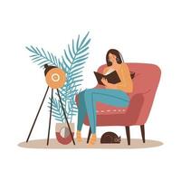 menina com livro de leitura de gato. jovem mulher sentada na poltrona grande e ler. móveis de interior para casa aconchegante. ilustração em vetor plana dos desenhos animados.