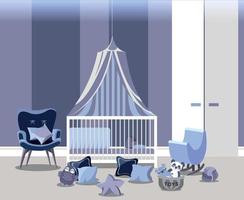 interior do quarto de bebê para menino com móveis brancos em estilo simples. design moderno de berçário azul. ilustração vetorial. vetor