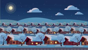 paisagem noturna panorâmica da vila suburbana de um andar. mesmas casas estão localizadas em três linhas. inverno neve tempo estrelado, lua, nuvens, árvores lá fora. ilustração em vetor estilo cartoon plana.