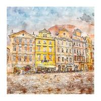 praça da cidade velha república tcheca esboço em aquarela ilustração desenhada à mão vetor