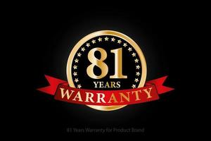 81 anos de garantia logotipo dourado com anel e fita vermelha isolada em fundo preto, desenho vetorial para garantia do produto, garantia, serviço, corporativo e seu negócio. vetor