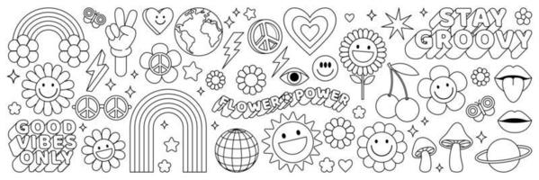 adesivos de hippie groovy dos anos 70. flor de desenho animado engraçado, arco-íris, paz, coração em estilo retro psicodélico. vetor