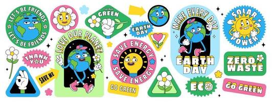 salve os adesivos do planeta no estilo cartoon retrô na moda. cartazes do dia da terra. dia Mundial do Meio Ambiente. vetor