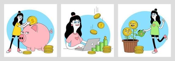 letramento financeiro. dinheiro jovem. finanças, ilustrações vetoriais de investimento com personagens abstratos de desenhos animados engraçados. vetor