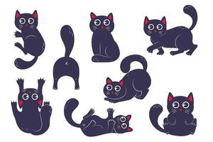 pacote de gatos pretos kawaii engraçados em várias poses em estilo simples, isolado no fundo branco vetor