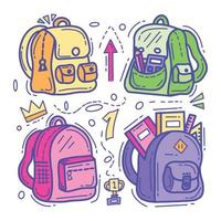 coleção de mochilas escolares desenhadas à mão em cores vetor