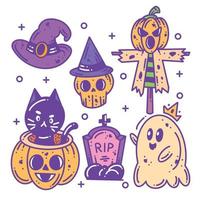 coleção de ícones de elementos de halloween felizes desenhados à mão em cores vetor