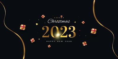 feliz ano novo 2023 com números de ouro e caixa de presente realista isolada em fundo preto. design de ano novo para banner, pôster e cartão de felicitações vetor
