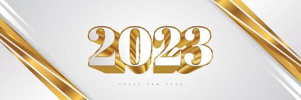 feliz ano novo 2023 com números 3d brancos e dourados isolados em fundo de corte de papel branco. design de ano novo para banner, pôster e cartão de felicitações vetor