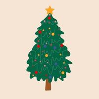 árvore de Natal em ilustração vetorial de estilo cartoon. abetos verdes decorados com caixas de presente, estrela de natal, bolas, doces e luzes. feliz ano novo conceito vetor