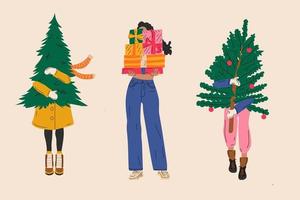 conjunto de três meninas que carregam a árvore de natal em fundo branco isolado. ilustração vetorial vetor