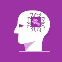 ai, inteligência artificial, tecnologia. chip processador de microchip de linha fina. cabeça de robô cibernético com engrenagens. dispositivo de alta tecnologia. vetor de ilustração plana.