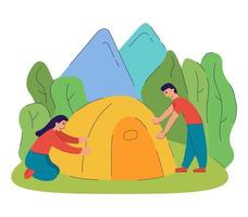 caminhadas e recreação ao ar livre.camping travel.men e mulheres viajando juntos. floresta aventura montanha view.tourist tent.flat ilustração linha art. vetor