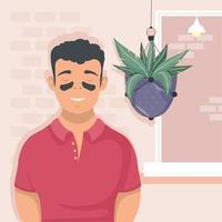 homem com máscara e planta de casa vetor