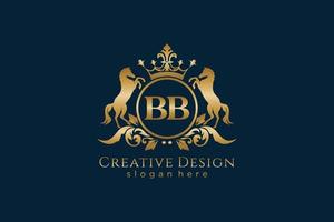 crista dourada retrô inicial do bb com círculo e dois cavalos, modelo de crachá com pergaminhos e coroa real - perfeito para projetos de marca luxuosos vetor