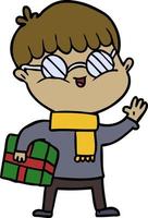 menino de desenho animado usando óculos carregando presente vetor