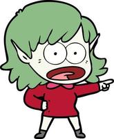 garota elfa chocada dos desenhos animados apontando vetor