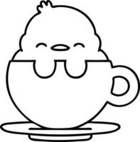 rabisco de linha de um passarinho fofo sentado em uma xícara de chá vetor