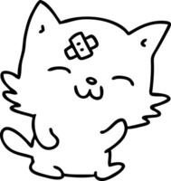 linha doodle de um gato feliz com esparadrapo na testa vetor