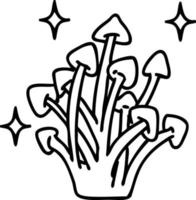 doodle de linha de cogumelos mágicos crescendo alegremente na natureza vetor