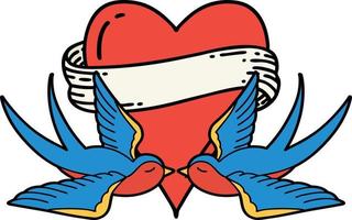tatuagem tradicional de andorinhas e um coração com banner vetor