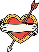 tatuagem tradicional de um coração de flecha e banner vetor