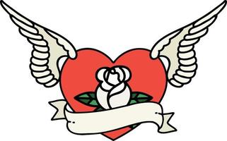 tatuagem tradicional de um coração voador com flores e banner vetor