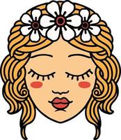 tatuagem tradicional de rosto feminino com olhos fechados vetor
