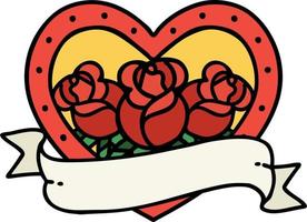 tatuagem tradicional de um coração e banner com flores vetor