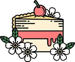 tatuagem tradicional de uma fatia de bolo e flores vetor