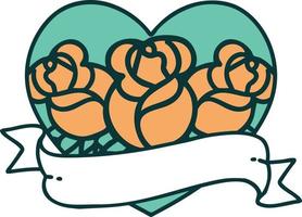 ícone de estilo de tatuagem de um coração e banner com flores vetor
