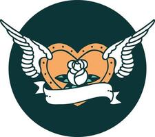 ícone de estilo de tatuagem de um coração voador com flores e banner vetor
