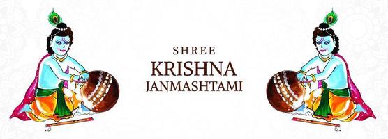 Krishna colocando a mão no pote de mingau de janmashtami banner cartão do festival vetor