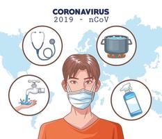 infográfico de coronavírus com homem usando máscara de proteção vetor