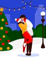 casal romântico abraçando ao lado da árvore de natal com paisagem urbana abstrata no fundo. data de natal no parque da cidade. homem e mulher prestes a se beijar. cartão postal de férias. vetor