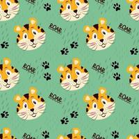 padrão perfeito com um tigre fofo, o focinho de um filhote de tigre, um símbolo do novo ano 2022 em um fundo verde. ilustração vetorial para cartões postais, banners, internet, decoração, design, arte, calendário. vetor