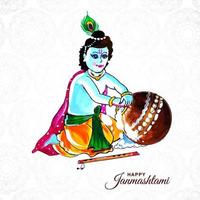 Senhor Krishna colocando a mão no mingau em um feliz fundo de Janmashtami vetor
