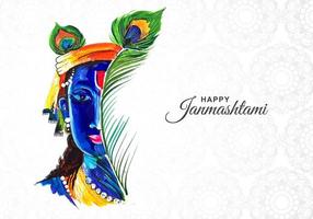 fundo colorido do cartão de janmashtami meio rosto de Krishna vetor
