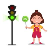 menina com um sinal para ir. o semáforo mostra um sinal verde vetor