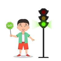 a criança está segurando um sinal de ir. o semáforo mostra um sinal verde vetor