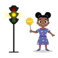 menina com um sinal de espera. o semáforo mostra um sinal amarelo vetor