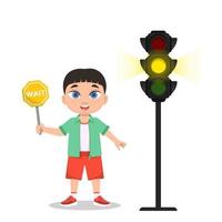 estudante com um sinal de espera. o semáforo mostra um sinal amarelo vetor