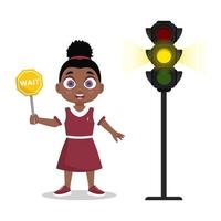 menina com um sinal de espera. o semáforo mostra um sinal amarelo vetor