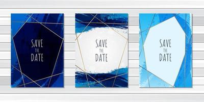 cartão de convite de casamento com pinceladas azuis vetor
