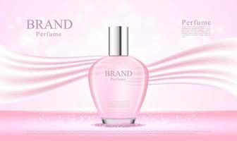 Frasco de perfume 3D com tecido de seda rosa vetor