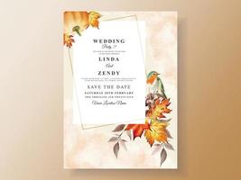 modelo de cartão de convite de casamento com folhas de outono desenhadas à mão vetor
