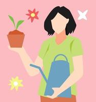 ilustração de adolescente de cabelo curto segurando a planta e regador. equipado com ícone de flor. conceito de esverdeamento, plantio, plantas, oxigênio etc. vetor plano