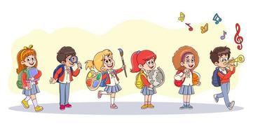 crianças com habilidades diferentes. de volta à escola. crianças segurando artigos de papelaria de escola grande ilustração vetorial crianças em idade escolar sorridentes meninos e meninas com mochilas e livros definir vetor isolado