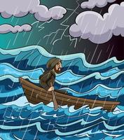 pescador tentando fazer o seu caminho através do mar tempestuoso. pescador em mar turbulento com nuvens de tempestade. vetor